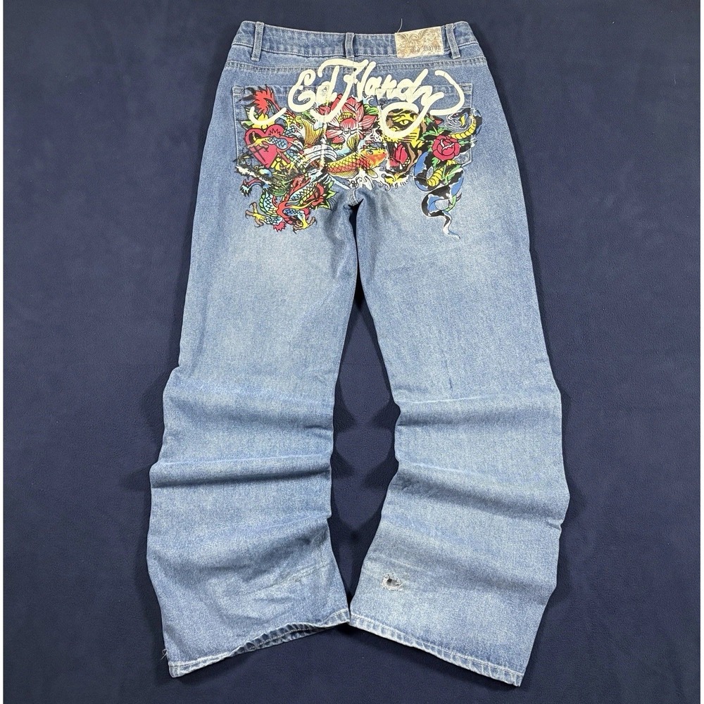 Ed Hardy Multi Tattoo Relaxed Baggy Jeans Women's Size 28 Painted Logo Koi Y2K